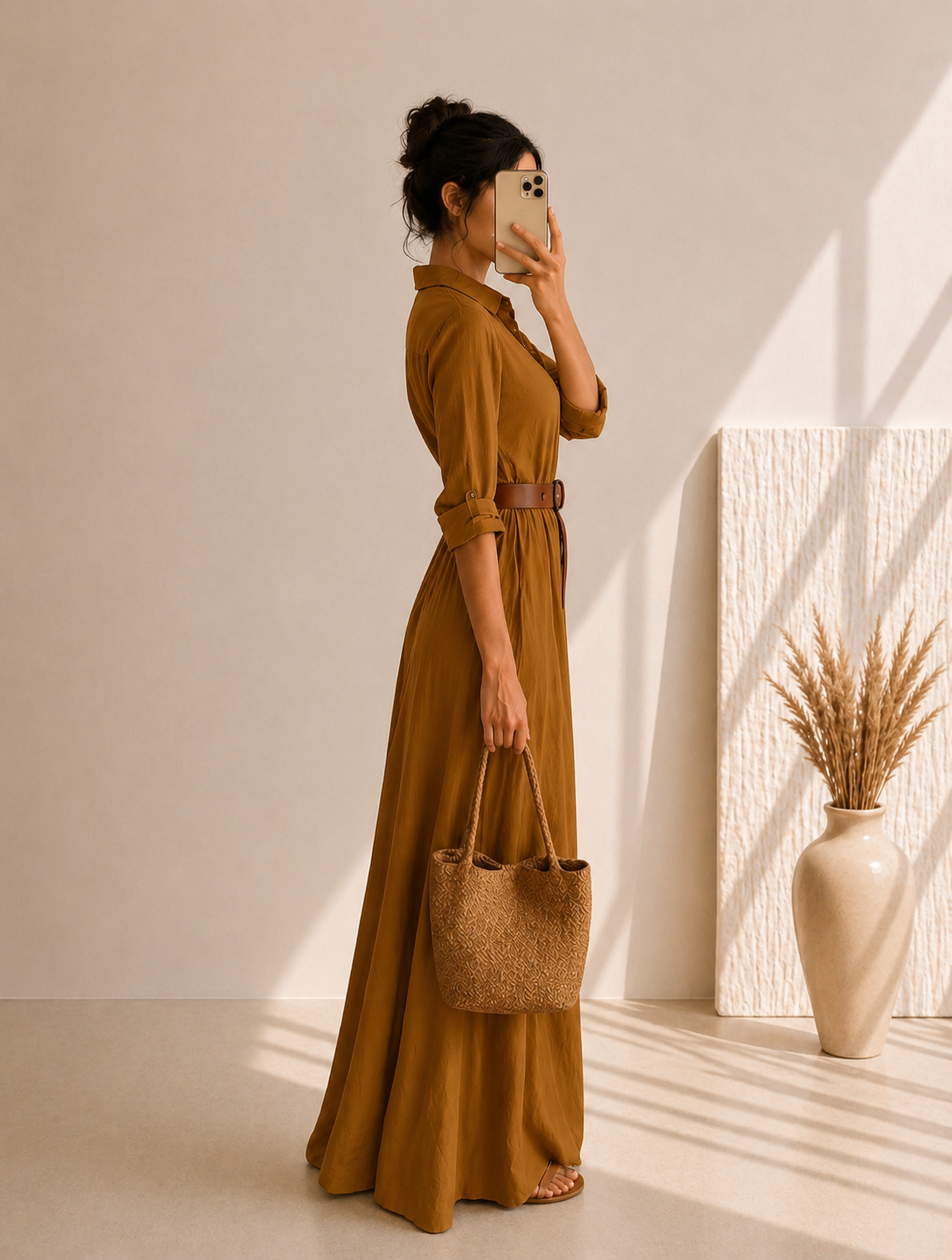 Robe Longue Élégante Asymétrique à Ceinture – Manches Longues, Coupe Fluide