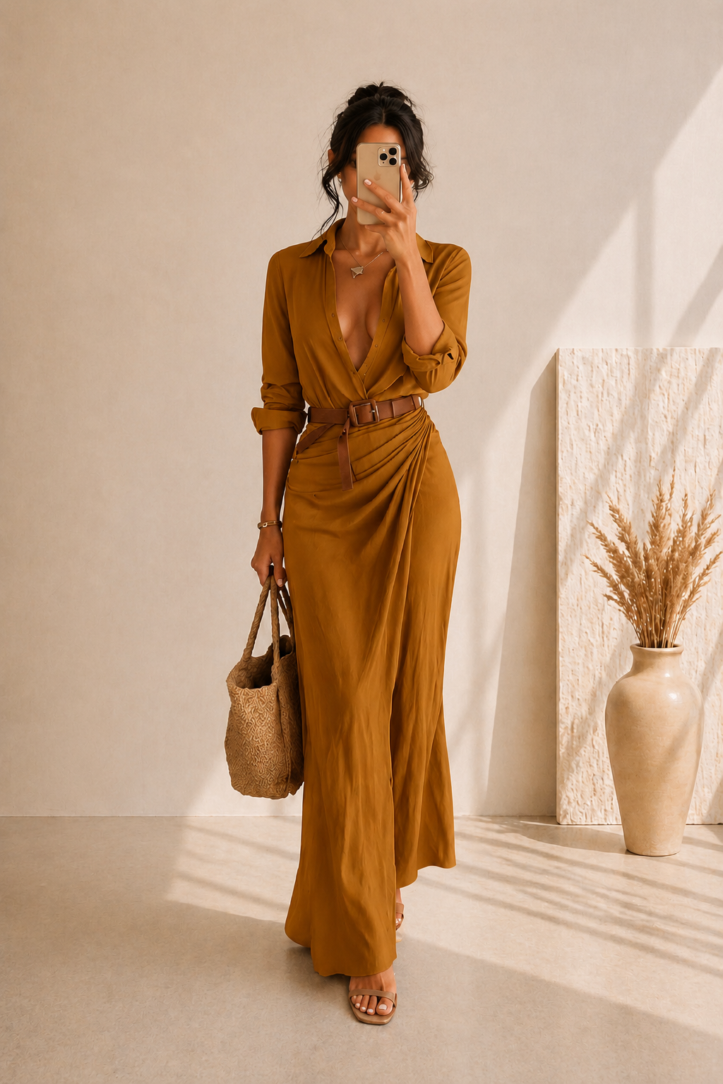 Robe Longue Élégante Asymétrique à Ceinture – Manches Longues, Coupe Fluide