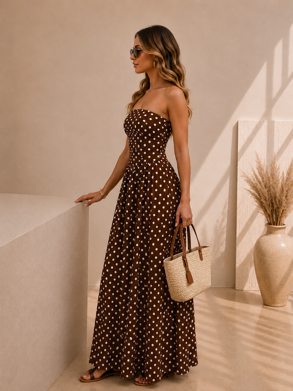 Robe Longue Bandeau Marron à Pois Femme – Coupe Cintrée Élégante & Dos Nu