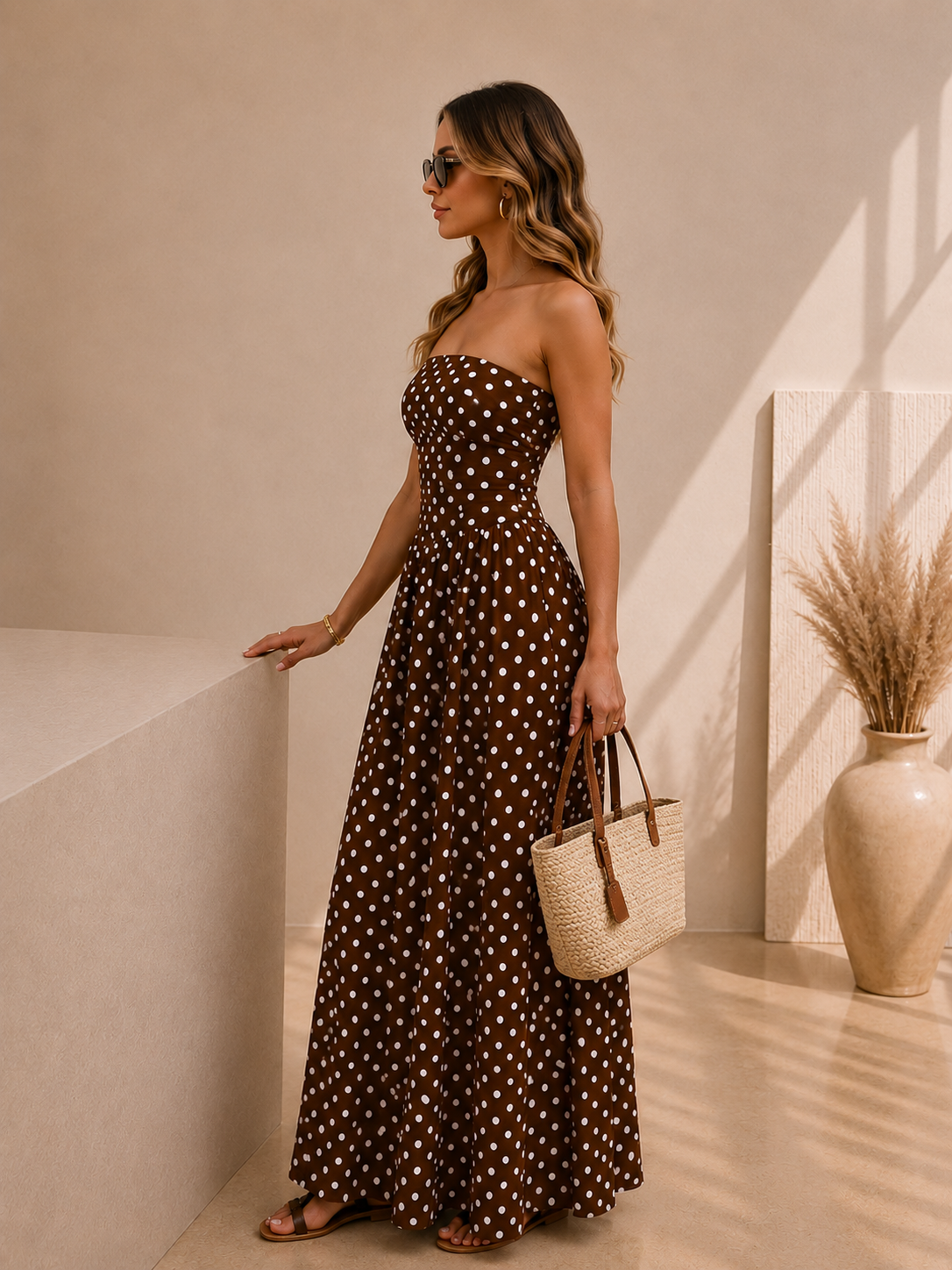 Robe Longue Bandeau Marron à Pois Femme – Coupe Cintrée Élégante & Dos Nu