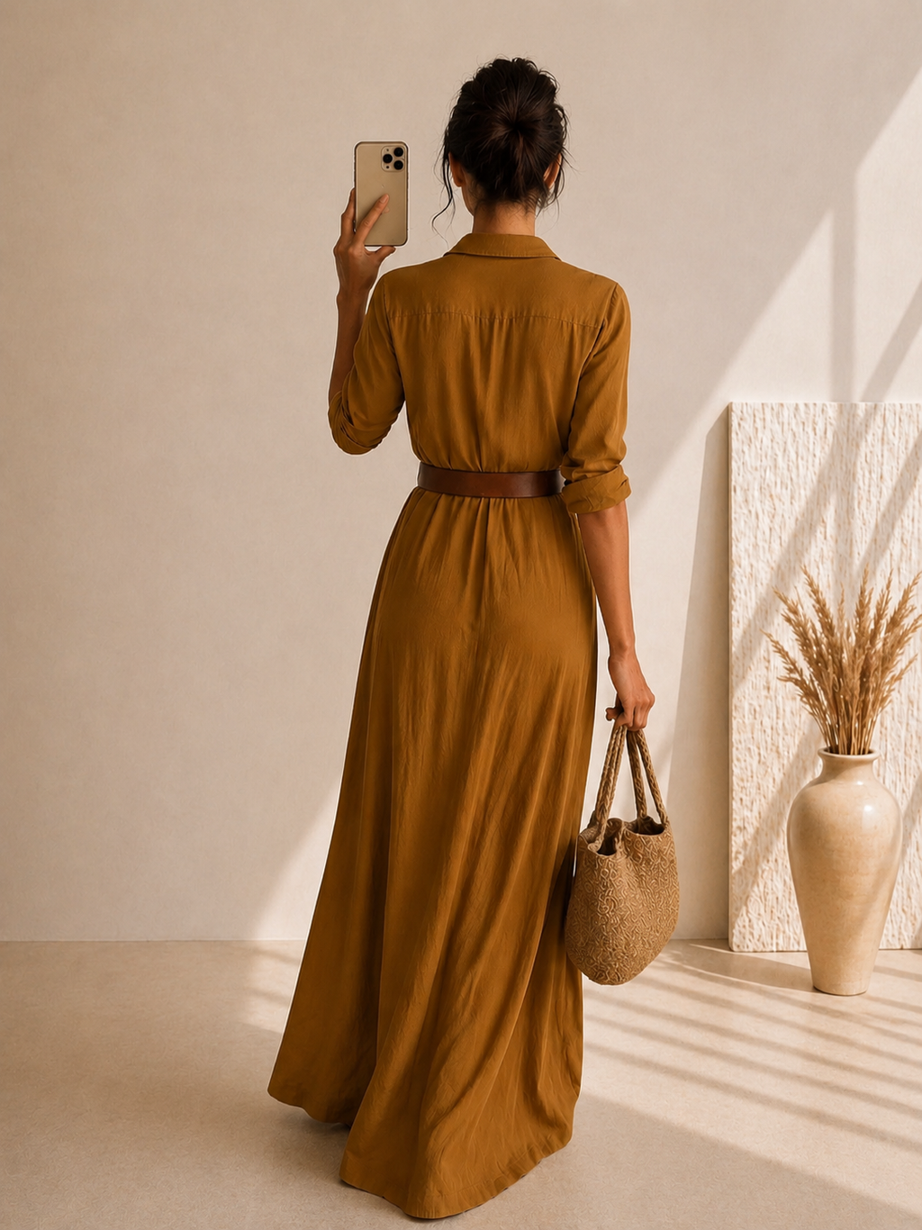 Robe Longue Élégante Asymétrique à Ceinture – Manches Longues, Coupe Fluide