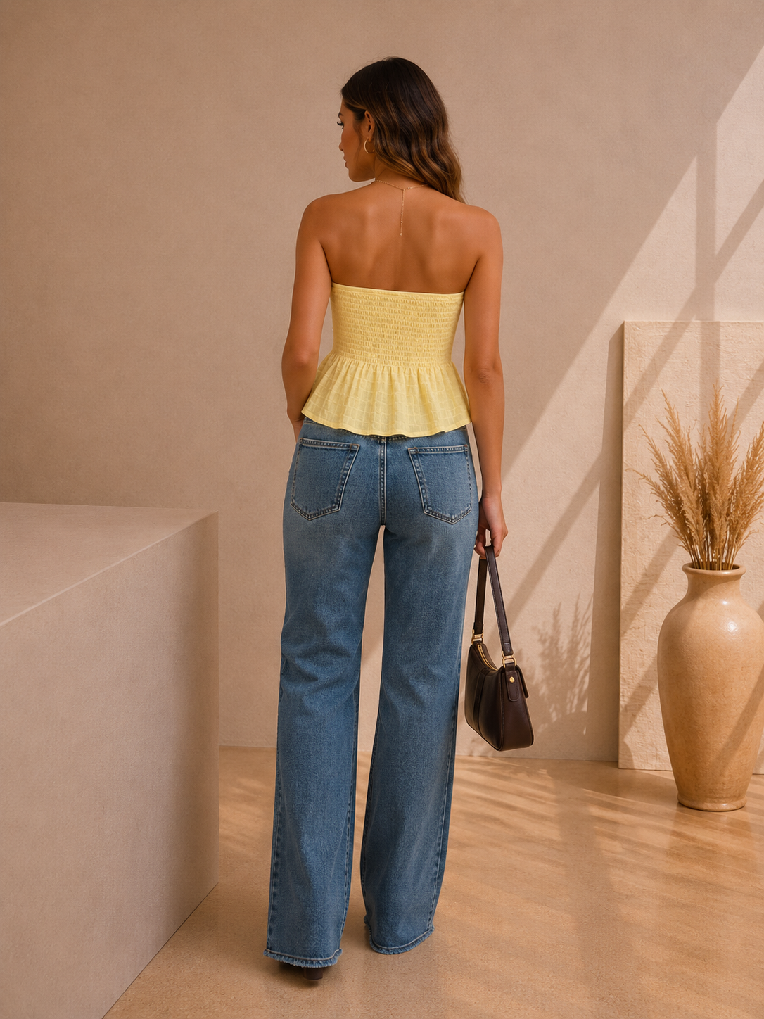 Top Bustier Jaune Citron Femme – Coupe Asymétrique à Volants Élégante