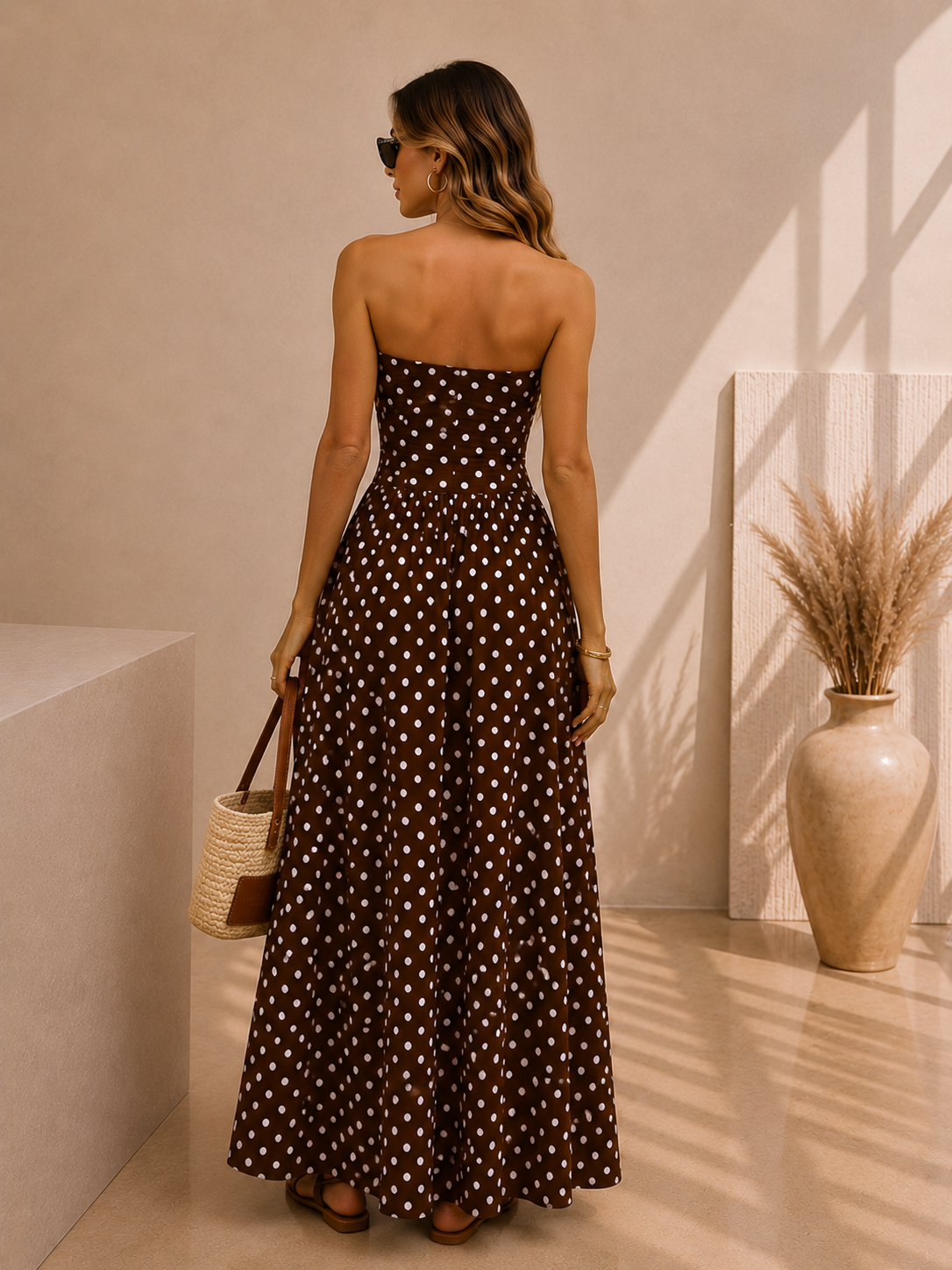 Robe Longue Bandeau Marron à Pois Femme – Coupe Cintrée Élégante & Dos Nu