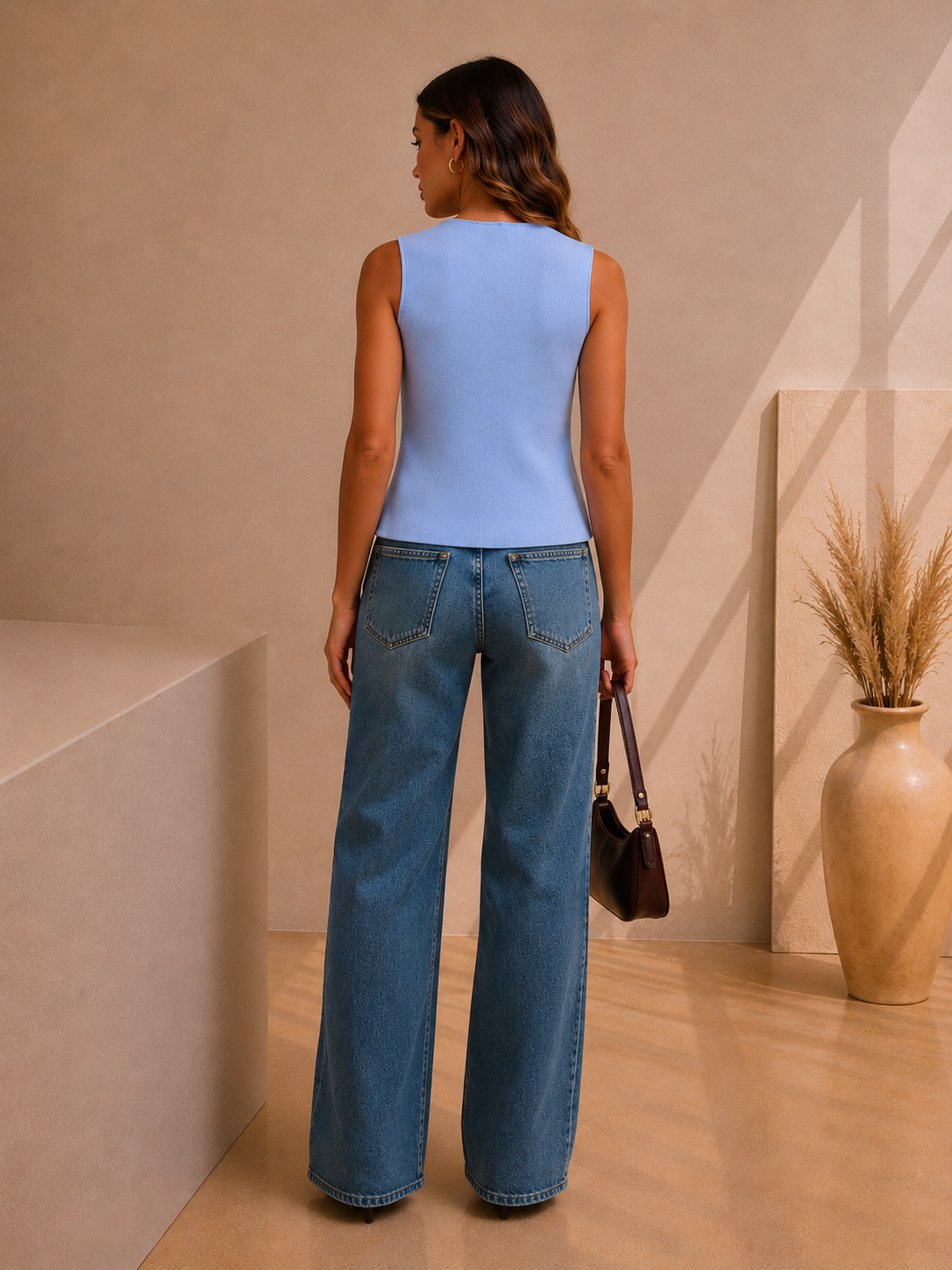 Gilet Sans Manches Bleu Ciel Femme – Coupe Ajustée Élégante à Boutons Dorés