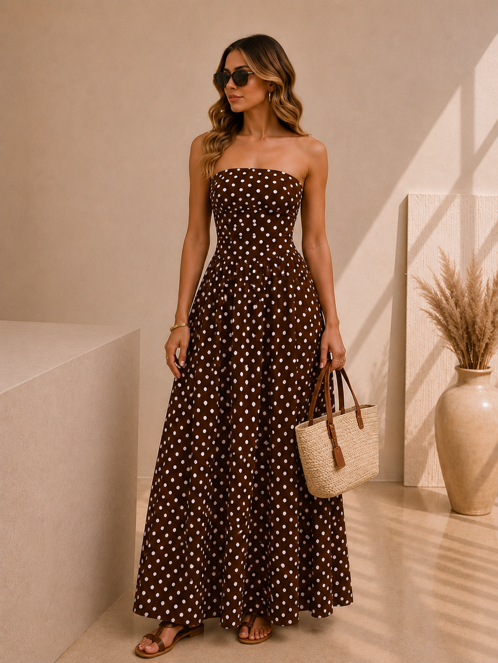Robe Longue Bandeau Marron à Pois Femme – Coupe Cintrée Élégante & Dos Nu