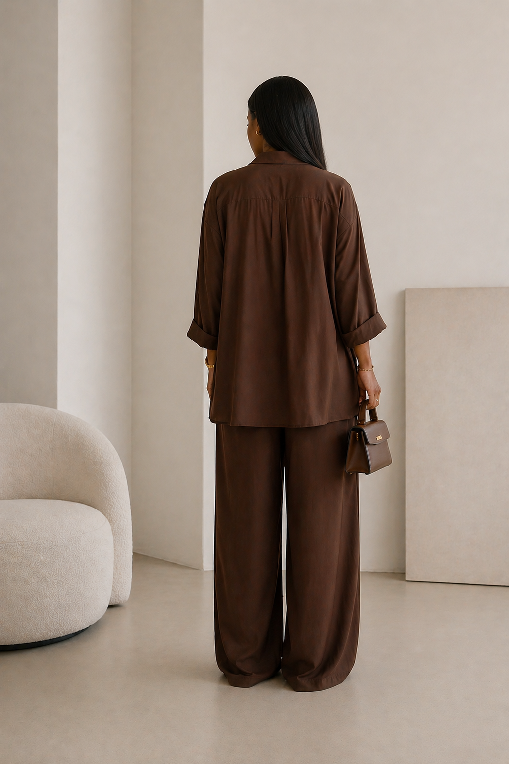 Ensemble Pantalon Fluide Marron – Élégance Décontractée