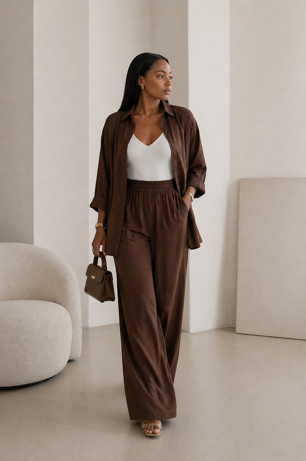 Ensemble Pantalon Fluide Marron – Élégance Décontractée