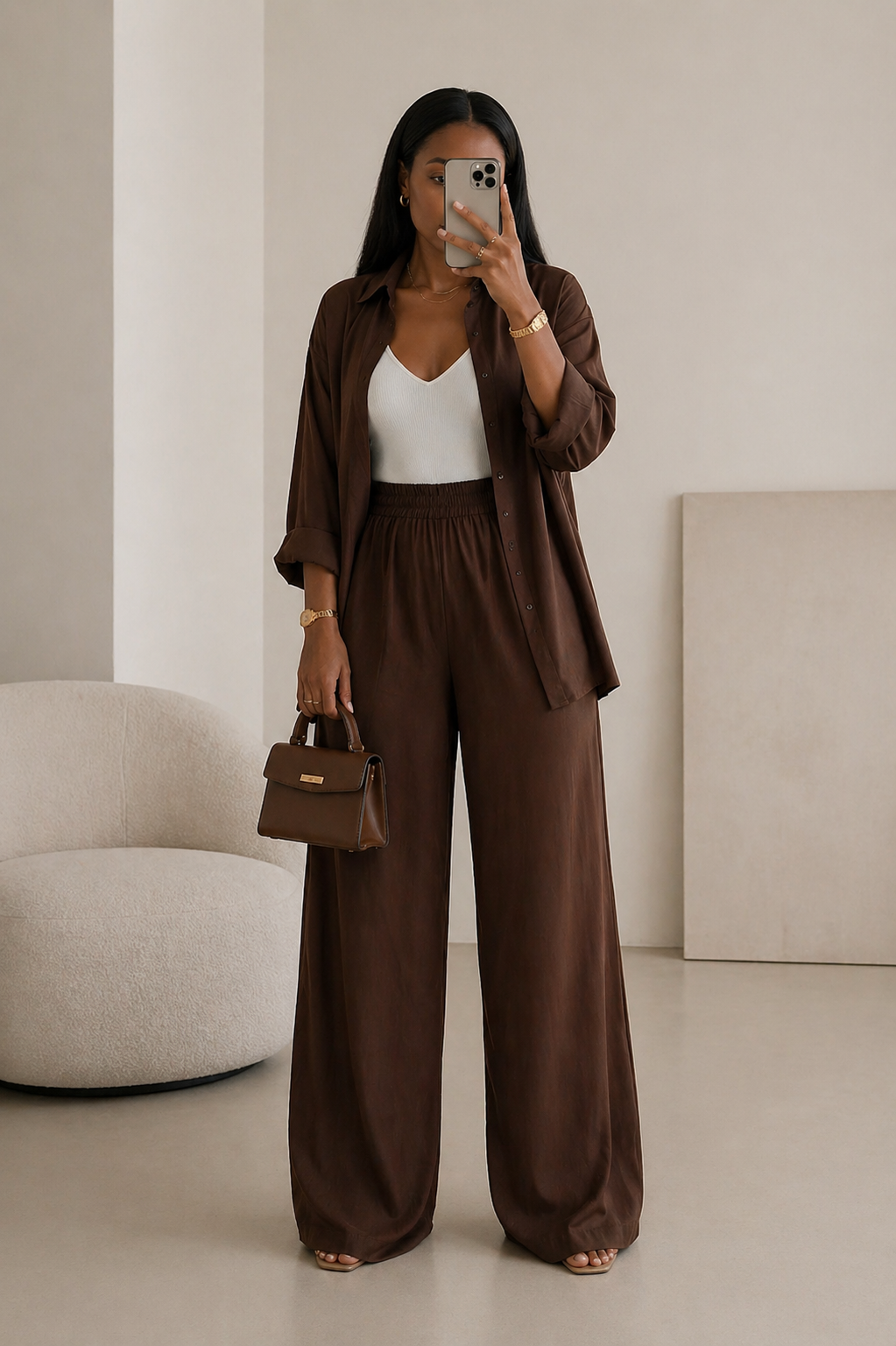 Ensemble Pantalon Fluide Marron – Élégance Décontractée