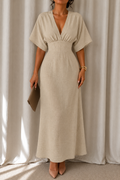 Robe longue nude col V profond taille haute froncée – coupe fluide élégante bohème chic
