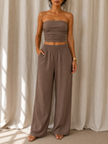 Ensemble 2 pièces marron chocolat bandeau froncé & pantalon fluide taille haute – look vacances chic