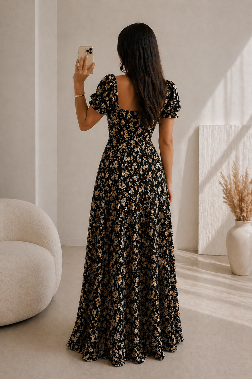 Robe Longue Fleurie Fendue – Élégance Naturelle