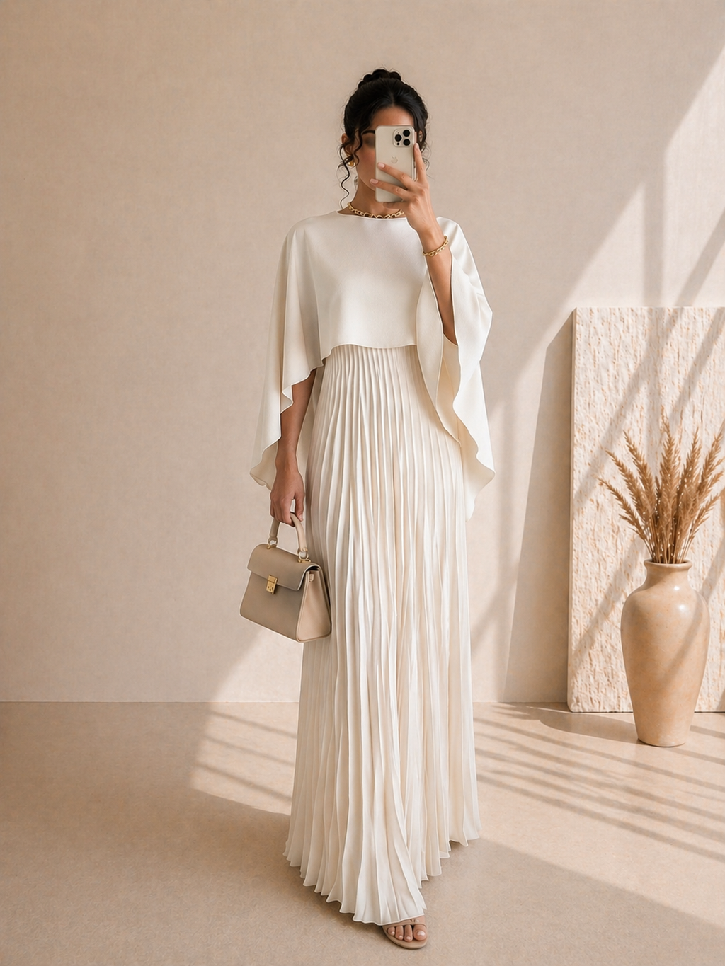 Robe Longue Élégante Plissée à Coupe Asymétrique – Manches Chauve-Souris 3/4, Style Européen Chic