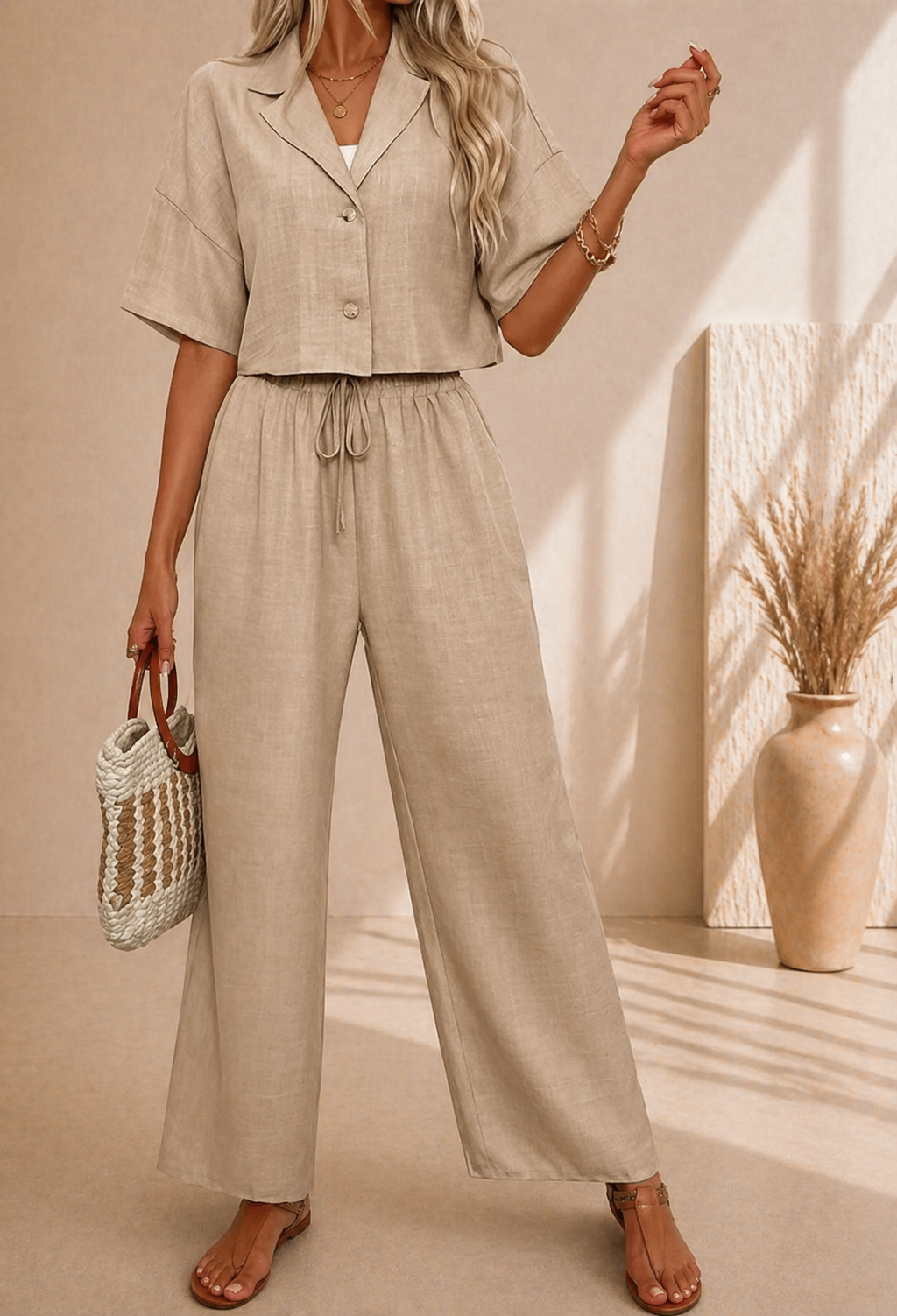 Ensemble Femme 2 Pièces Décontracté – Chemise Manches Longues & Pantalon Large Fluide, Coupe Ample, Style Élégant Printemps-Automne