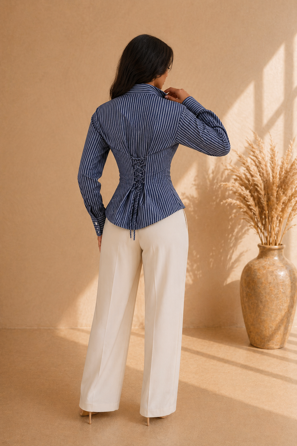 Chemise Femme Rayée Bleu Marine et Blanc à Taille Cintrée