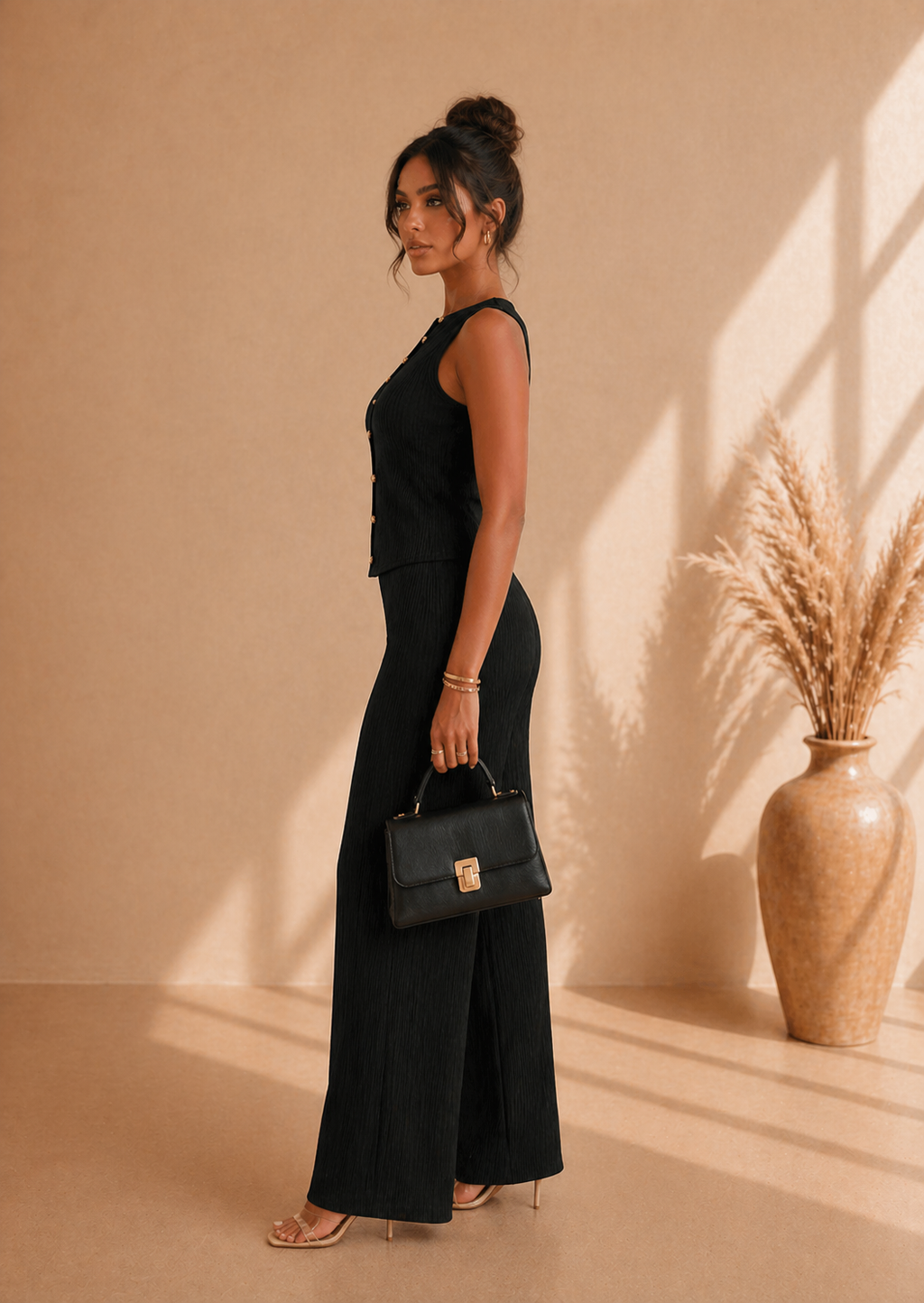 Ensemble 2 Pièces Femme Amarilo – Top Sans Manches Boutonné & Pantalon Droit, Style Chic Décontracté