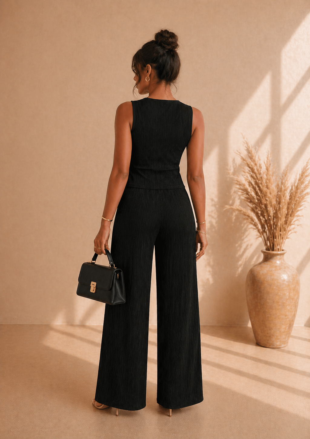 Ensemble 2 Pièces Femme Amarilo – Top Sans Manches Boutonné & Pantalon Droit, Style Chic Décontracté