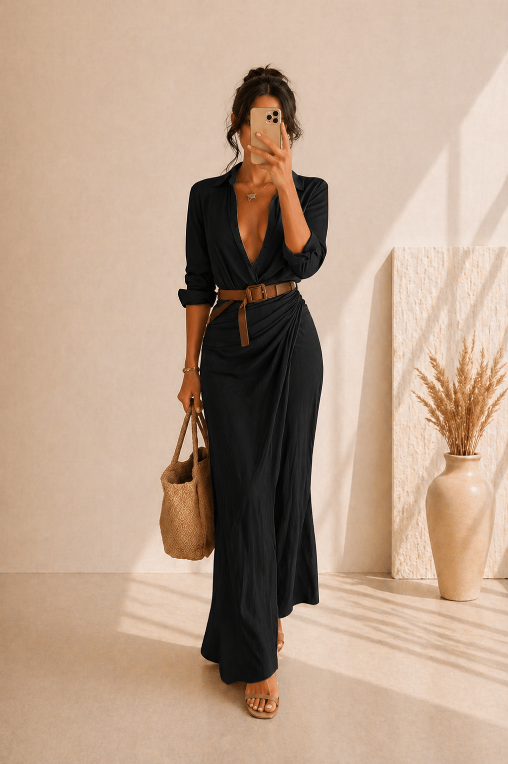Robe Longue Élégante Asymétrique à Ceinture – Manches Longues, Coupe Fluide