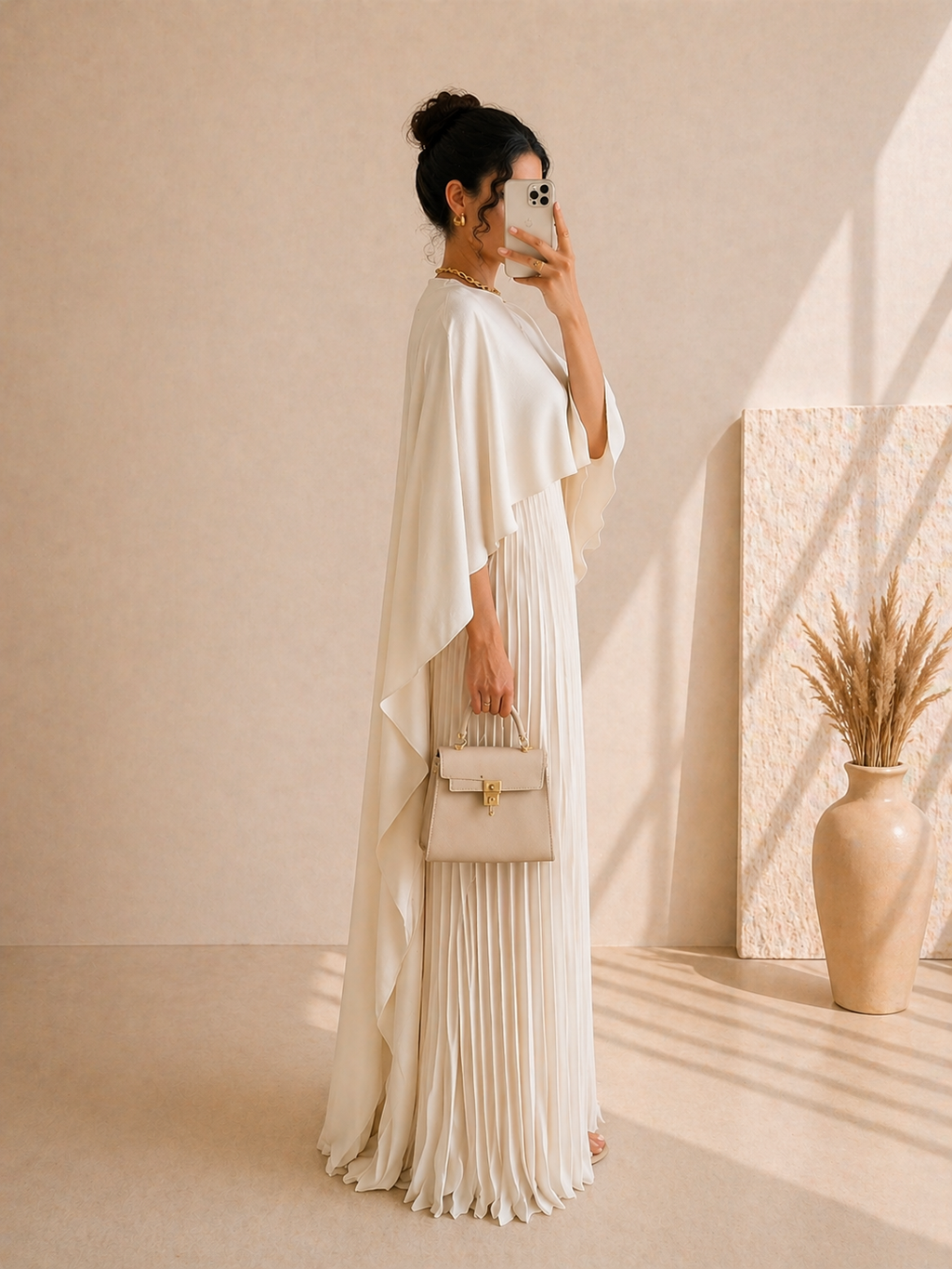 Robe Longue Élégante Plissée à Coupe Asymétrique – Manches Chauve-Souris 3/4, Style Européen Chic