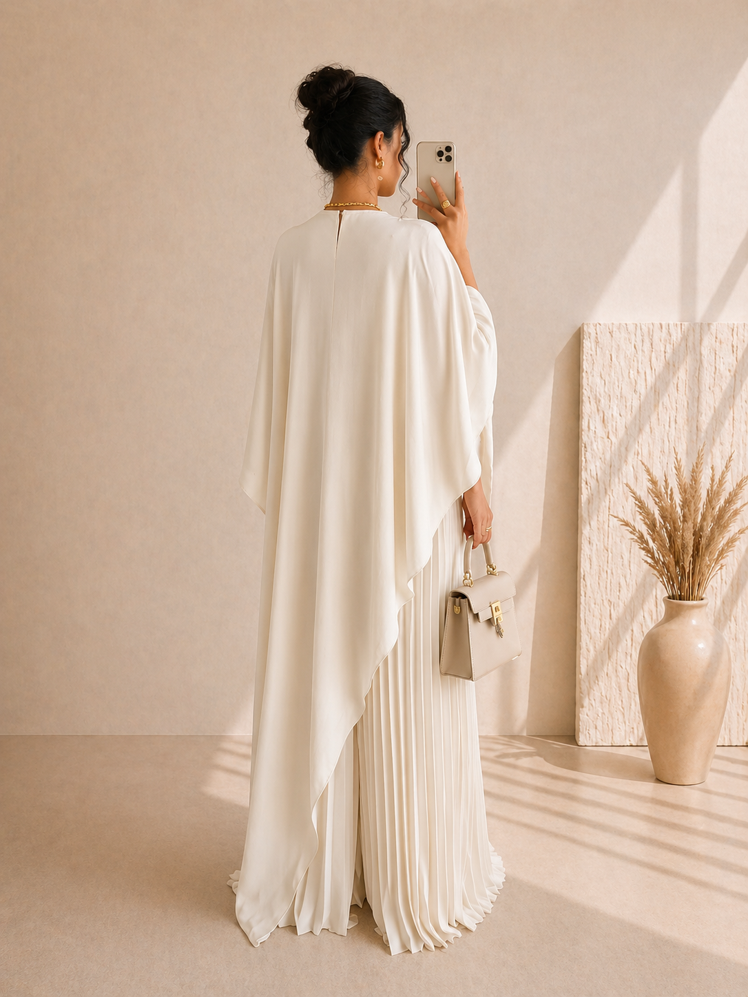 Robe Longue Élégante Plissée à Coupe Asymétrique – Manches Chauve-Souris 3/4, Style Européen Chic