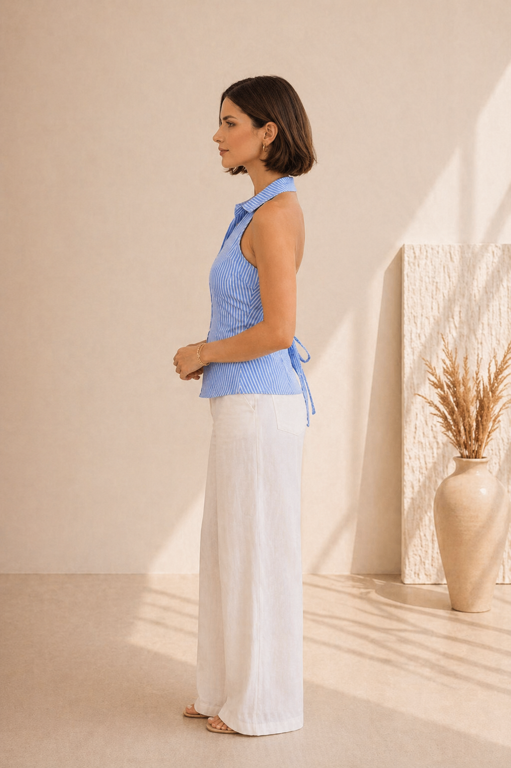 Top Dos Nu Rayé Bleu Femme – Chemisier Sans Manches Ajusté à Nouer dans le Dos