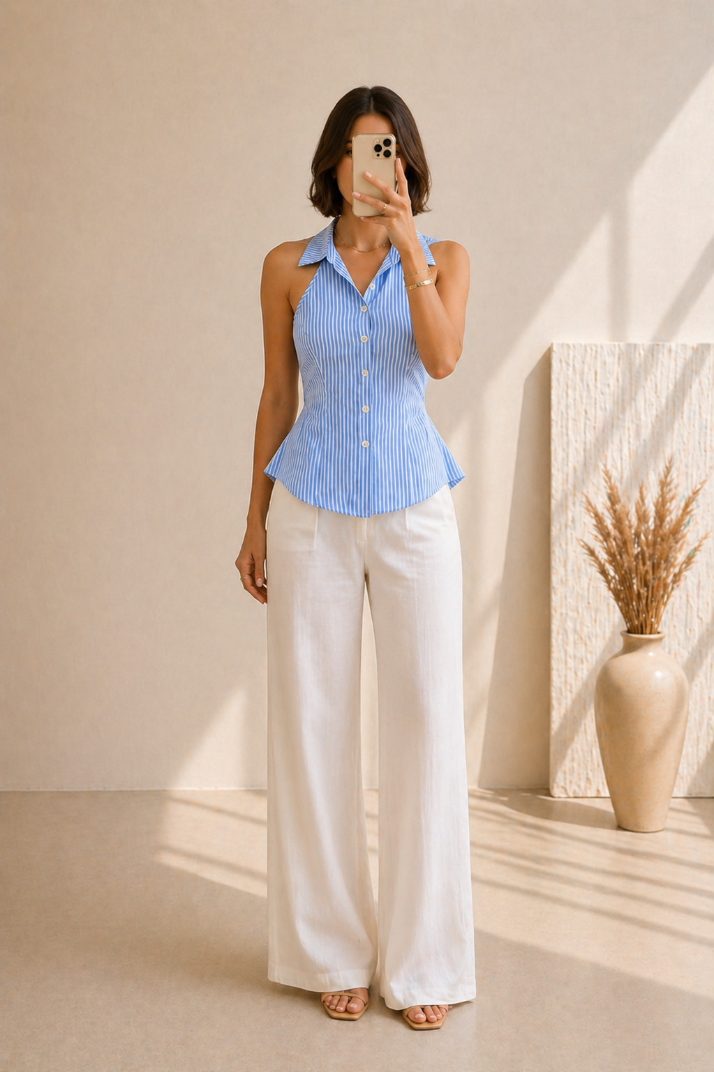 Top Dos Nu Rayé Bleu Femme – Chemisier Sans Manches Ajusté à Nouer dans le Dos