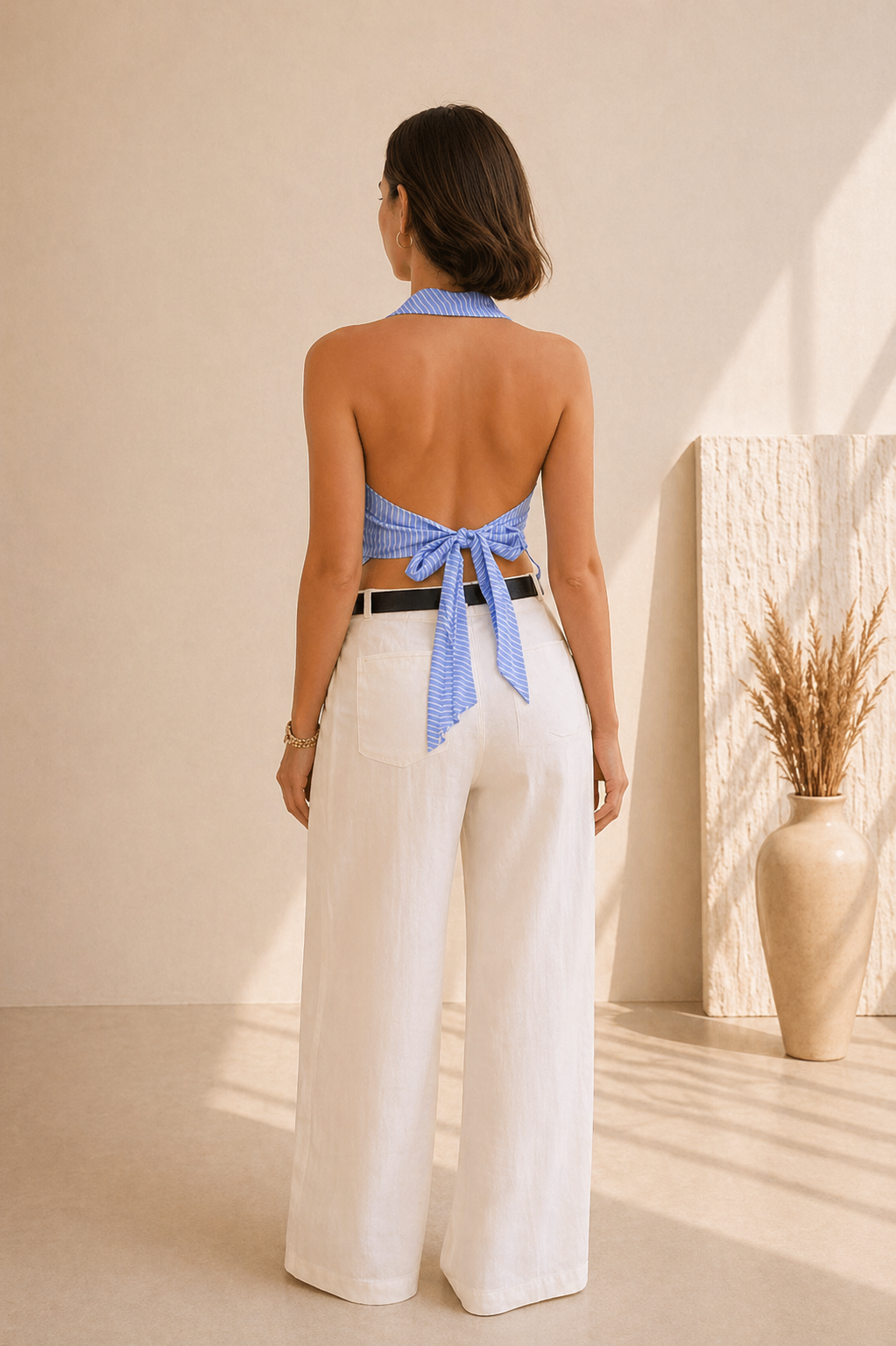 Top Dos Nu Rayé Bleu Femme – Chemisier Sans Manches Ajusté à Nouer dans le Dos